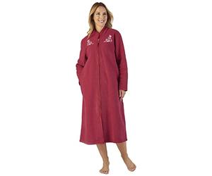 Slenderella Women's Zip Through Dressing Gown, Soft Boucle Fleece Embroidered Housecoat (Raspberry, Small, UK 10-12)