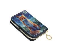 Sletend Printed Card Holder Zipper Leather Card Case for Man and Women Bifold Zipper Card Holder Wallet, Animal Fox, Minimalist