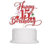 Sleyberoy Red Glitter Happy Cherry 14th Birthday Cake Topper -with Pink Bow & Cherry Party Decorations for 14th Birthday & anniversary & Milestone Celebrations & Photo Booth Props (15th)