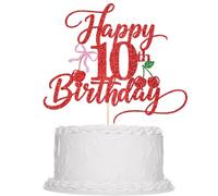 Sleyberoy Red Glitter Happy Cherry 14th Birthday Cake Topper -with Pink Bow & Cherry Party Decorations for 14th Birthday & anniversary & Milestone Celebrations & Photo Booth Props (10th)