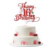 Sleyberoy Red Glitter Happy Cherry 14th Birthday Cake Topper -with Pink Bow & Cherry Party Decorations for 14th Birthday & anniversary & Milestone Celebrations & Photo Booth Props (16th)