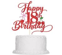 Sleyberoy Red Glitter Happy Cherry 18th Birthday Cake Topper -with Pink Bow & Cherry Party Decorations for 18h Birthday & anniversary & Milestone Celebrations & Photo Booth Props (18th)