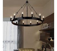 SLFFLS 12-Lights Vintage Industrial Home Ceiling Retro Wagon Wheel Ring Candle Hanging Light Black Holder Painted Metal Pendant Lamp Fixtures *12