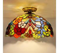 SLFFLS 16" Ceiling Light Fixture,Stained Glass Semi Flush Mount Lamp,Victorian Style Metal Base for Bedroom Kitchen Dining Living Room Hallway,1,4