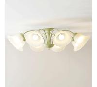 SLFFLS Green Flower White Milk Glass Semi Flush Mount Light Fixtures French Country Chandelier Sputnik Vintage Farmhouse Ceiling Lamp for Bedroom Kitchen Bathroom Living Room