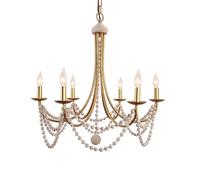 SLFFLS Hanging Lamp Barn Wood Beaded Rustic Chandelier Farmhouse Gold Finish French Country Ceiling Light Compatible with Dining Kitchen for Home Decor