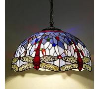 SLFFLS Red Dragonfly Style Pendant Lights,Handmade Stained Glass Blue Purple Lampshade, Antique Ceiling Hanging Light for Kitchen Island,16in