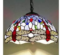 SLFFLS Red Dragonfly Style Pendant Lights,Handmade Stained Glass Blue Purple Lampshade, Antique Ceiling Hanging Light for Kitchen Island Bedrooms,12in