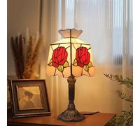 SLFFLS Small Red Rose Square Table 8 Inch Style Green Leaf White Beige Cream Stained Glass Flower Bouquet Desk Light for Reading Bedside Night Lamp