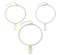 SLG Collection Upside Down Pineapple Anklet - Gold, Silver, or Combo Colored Stainless Steel Upside Down Pineapple Pendant Ankle Bracelet with Rope Chain, L, Stainless Steel, no gemstone