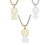 SLG Collection Upside Down Pineapple Necklace - Gold, Silver, or Combo Colored Stainless Steel Upside Down Pineapple Pendant with Rope Chain, L, Stainless Steel, No Gemstone