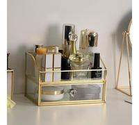 SLHEQING Luxury Gold Makeup Organizer with Drawers, Glass Dressing Table Organiser, Ideal for Vanity and Bathroom