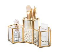 SLHEQING Makeup Organizer Gold Makeup Brush Holder Glass Cosmetic Organizer, Vintage Make up Storage, 3 Compartments Dressing Table Organiser for Brushes, Eyeliner, Pen, Lipstick and More