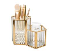 SLHEQING Makeup Organizer Gold Makeup Brush Holder Glass Cosmetic Organizer, Vintage Make up Storage, 2 Compartments Dressing Table Organiser for Brushes, Eyeliner, Pen, Lipstick and More