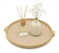 SLHEQING Round Decorative Tray, Handcrafted Woven Paper Rope Wooden Tray with Handle 35cm Rustic Decor Serving Trays, Home Farmhouse Decor for Coffee Table, Bedroom, Dining Table