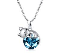 SLIACETE 925 Sterling Silver Birthstone Cat Necklace for Women Girls - Cute Kitten Holding Pendant - Jewelry Gifts for Cat Lovers, March Birthstone