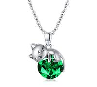 SLIACETE 925 Sterling Silver Cat Birthstone Necklace for Women Girls - Cute Kitten Holding Pendant - Jewelry Gifts for Cat Lovers, May Birthstone
