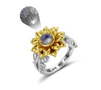 SLIACETE 925 Sterling Silver Sunflower Ring for Women with I Love You 100 Languages Stone You Are My Sunshine Flower Ring Jewelry Gifts, Size: M