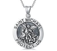 SLIACETE Saint Michael Religious Medal Necklace Sterling Silver Protect St Michael Coin Pendant Gift for Men Women, Sterling Silver