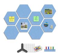 Sliandtelly Felt Notice Board 8 Pack, 12mm Thick Hexagon Pin Board with Pins & Sticky Tapes & Gap Spacer, Easy Install Blue Felt Cork Board for Wall Home Bedroom Kitchen Office School Display 22x19 cm