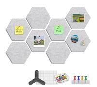 Sliandtelly Hexagon Felt Pin Board 8 Pack, Self Adhesive Notice Board for Wall (12mm Thick,Removable Tabs,80 Pins), 22x19cm Grey Vision Board for Home Kitchen Bedroom Memo Display - Replace Cork Board