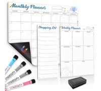 Sliandtelly Magnetic Whiteboard Planner for Fridge, 3 Pcs Monthly and Weekly Planner & Shopping List for Refrigerator as Meal Planner Reminder, Home Kitchen Dry Erase Calendar Boards, 4 Pens &1 Eraser