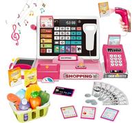 SliBoeyX Cash Register Playset Toy for Kids, Real Calculator Register, Pretend Play Store with Music, Scanner, Play Money, Food, Preschool Learning Toy Playset Gift (pink)