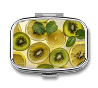 Sliced Lemon and Kiwi in Drink Pill Box 2 Compartment - Small Metal Medicine Organizer Portable Pill Case for Purse Pocket Travel Vitamin Organizer for Men Women, BPA-Free