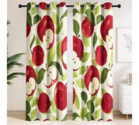 Sliced Red Apples with Green Leaves Blackout Curtains - Leisure Guest Room Window Drapes, Modernist, Vintage, Vivid, Playful Thermal Insulated Window Curtains