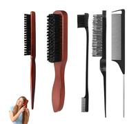 Slick Back Brush Set,Hair Massage Smoothing Bristle Comb Sleek Teasing Shear Tools,Plastic Slick Rat Tail Comb Double Sided Edge Brush,for Trimming and Combing (Brown-Pack of 5)