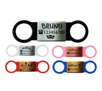 Slide ON Collar Stainless Steel Silver TAG with Elastic Silicone Engraving Rectangle ID Name Band DISC Personalised PET Dog CAT TAG Different Font Tags (L-(2.5cm-5.5cm Collar Width), Black Band)