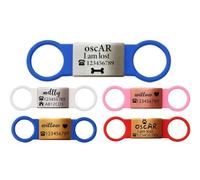 Slide ON Collar Stainless Steel Silver TAG with Elastic Silicone Engraving Rectangle ID Name Band DISC Personalised PET Dog CAT TAG Different Font Tags (L-(2.5cm-5.5cm Collar Width), Blue Band)
