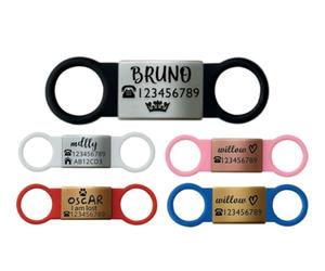 Slide ON Collar Stainless Steel with Elastic Silicone Engraving Rectangle ID Name DISC Personalised PET Dog CAT TAG Different Font Tags-Laser Engraving (M-(1.8cm-4cm), Silver-Black Rubber)