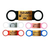 Slide ON Collar Steel with Elastic Band Silicone Engraving ID Name Band DISC Personalised PET Dog CAT TAG-Laser ENGRAVE (M-(1.8cm-4cm Collar Width), Gold Tag with Black Band)