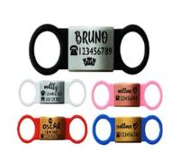 Slide ON Collar Steel with Elastic Band Silicone Engraving ID Name Band DISC Personalised PET Dog CAT TAG-Laser ENGRAVE (M-(1.8cm-4cm Collar Width), Silver Tag with Black Band)