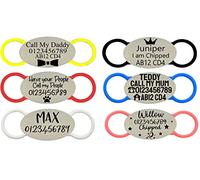 Slide ON Collar Steel with Elastic Silicone Rubber Engraving Oval Shape ID Name Band Personalised PET Dog CAT TAG Tags-Laser Engraving (M-(1.8cm-4cm Collar Width), White)