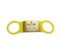 Slide On Dog Tag Silent Personalised Engraved Pet ID Tags UK Dangle-Free Identity Tag for Dog Cat Kitten Puppy Stainless Steel Elastic Silicone Collar Tag (S-(MAX 1.8cm Collar Width), Yellow Band)