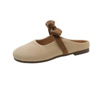 Slide on Sandal for Women Women's Spring Summer and Autumn Fashion Flat Lazy Cute Bowknot Rubber Heel Soft Bottom Closed Toe Slippers (Khaki, 6)