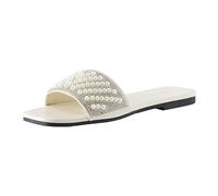 Sliders for Women Size 6 White Slippers Open Toe Fashion Spring Summer Women Slippers Flat Bottom Lightweight Pearl Sequins Solid Toe Comfortable Beach Sliders Womens Size 4 Black Slippers (Beige, 6)