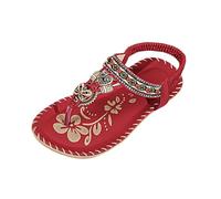 Sliders Women's Beaded Flat Sandals Elastic Slingback T Strap Summer Sandals High Heel (Red, 6.5)