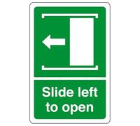 Slides left to open - safety sign, health & safety signage, workplace safety, High tack self-adhesive sticker (150mm x 100mm) Viewing Distance within 3m.