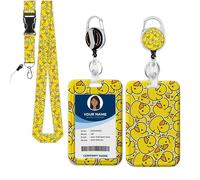 Sliding ABS ID Badge Holder Set, Retractable Reel Detachable Lanyard with Rotatable Carabiner Clip, Cute Little Yellow Duck Card Protector Holds 2 Cards for Nurses Teachers Office Workers Students