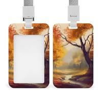 Sliding Autumn Art Badge Holder Waterproof Plastic Card Holder with Clear Window Detachable Lanyard Vertical Heavy Card Case Protector for Office School Factory