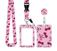 Sliding Badge Holder Bow Tie Print Lanyard with Card Holder Pink Retractable Lanyard Cute ID Card Holders for Women Girls Students Teacher Nurse Workers