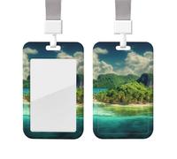 Sliding Badge Holder with Lanyard Plastic ID Card Protector Name Tag Plastic Card Case with Clear Window ID Credit Cards Green Tropical Island Badge Holder for Nurse Doctor Office Supplies