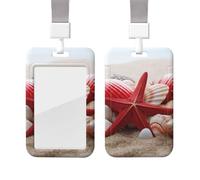 Sliding Badge Holder with Lanyard Plastic ID Card Protector Name Tag Plastic Card Case with Clear Window ID Credit Cards Red Starfish Seashells Badge Holder for Nurse Doctor Office Supplies