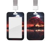 Sliding Badge Holder with Lanyard Plastic ID Card Protector Name Tag Plastic Card Case with Clear Window ID Credit Cards Red Tree Lake Moon Badge Holder for Nurse Doctor Office Supplies