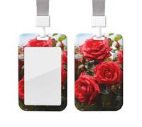 Sliding Badge Holder with Lanyard Plastic ID Card Protector Name Tag Plastic Card Case with Clear Window ID Credit Cards Red Roses Bush in The Garden Badge Holder for Nurse Doctor Office Supplies