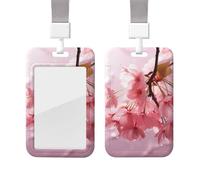 Sliding Badge Holder with Lanyard Plastic ID Card Protector Name Tag Plastic Card Case with Clear Window ID Credit Cards Cherry Blossoms Badge Holder for Nurse Doctor Office Supplies