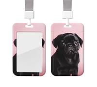 Sliding Badge Holder with Lanyard Plastic ID Card Protector Name Tag Plastic Card Case with Clear Window ID Credit Cards Cute Black Pug Badge Holder for Nurse Doctor Office Supplies